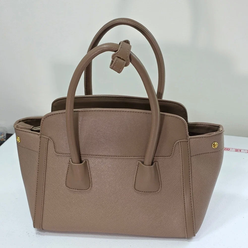 Adrienne Vittadini Taupe Saffiano Faux Leather Satchel‎ Handbag Gold Hardware